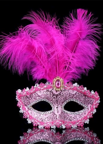 Pembe Tüylü Parlak Taş Süslemeli Parti Maskesi - Görsel 2