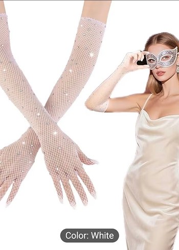 Beyaz Payetli Uzun Kadın Eldiveni - Görsel 4