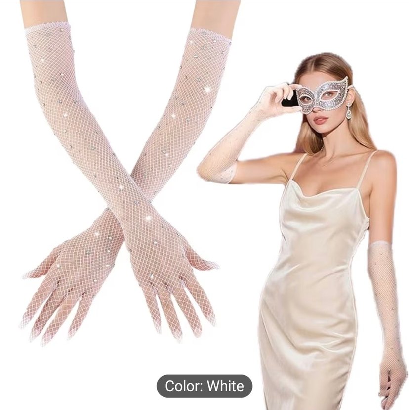 Beyaz Payetli Uzun Kadın Eldiveni - Görsel 4