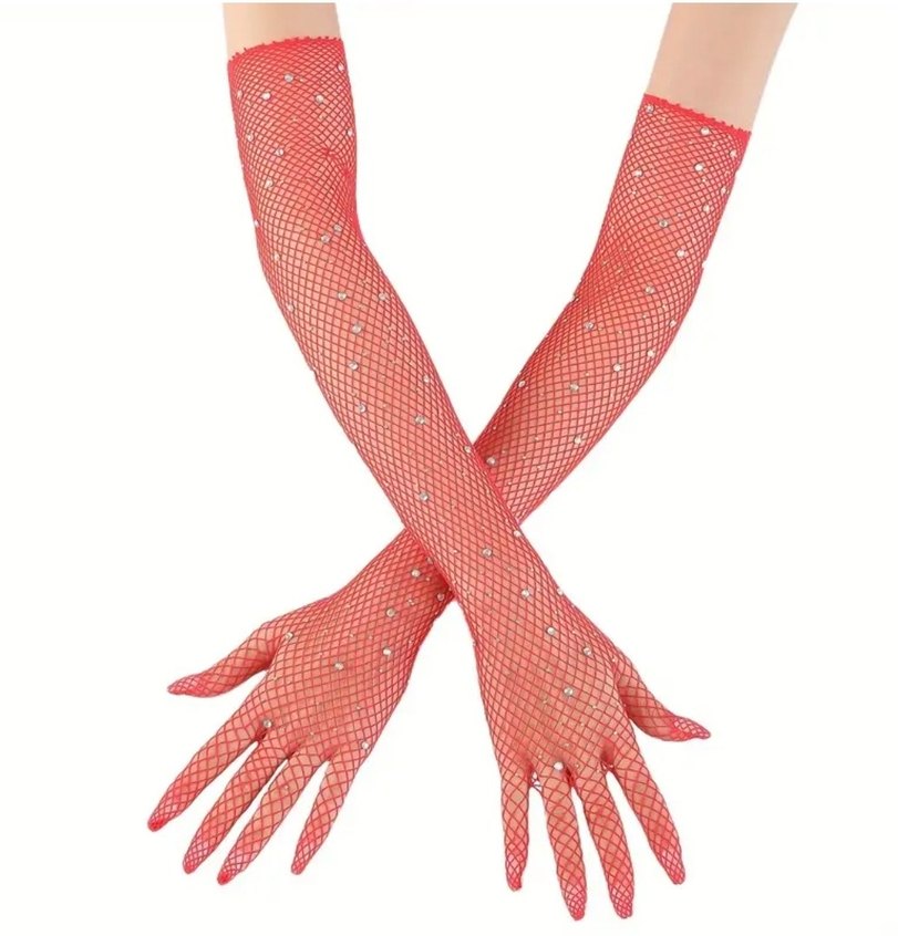 Kırmızı Payetli File Kadın Eldivenleri - Görsel 3