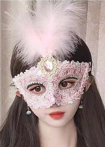 Toz Pembe Tüylü Taş Süslemeli Parti Maskesi - Görsel 2