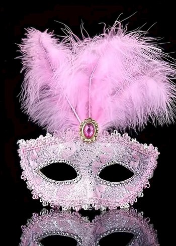 Toz Pembe Tüylü Taş Süslemeli Parti Maskesi - Görsel 3