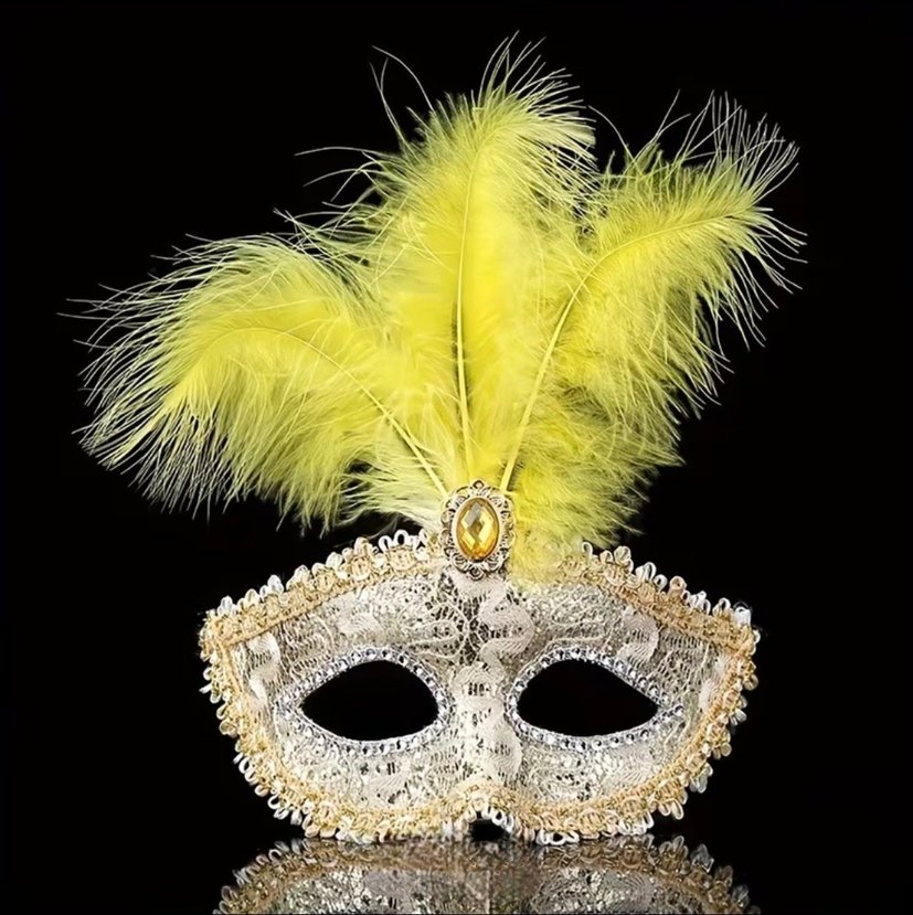 Sarı Tüylü Taş Süslemeli Parti Maskesi - Görsel 2