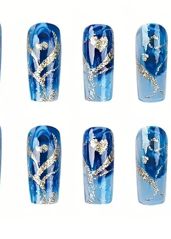 Mavi Parlak Kalp Desenli 24 Parça Tırnak Seti - Görsel 3