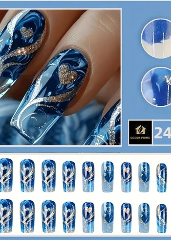 Mavi Parlak Kalp Desenli 24 Parça Tırnak Seti - Görsel 2