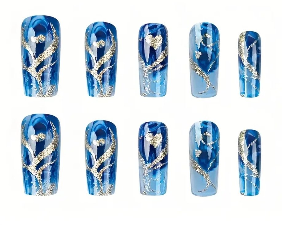 Mavi Parlak Kalp Desenli 24 Parça Tırnak Seti - Görsel 3