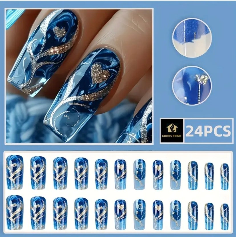 Mavi Parlak Kalp Desenli 24 Parça Tırnak Seti - Görsel 2