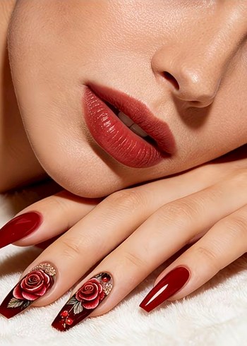 Bordo Gül Desenli 24 Parça Takma Tırnak Seti - Görsel 3