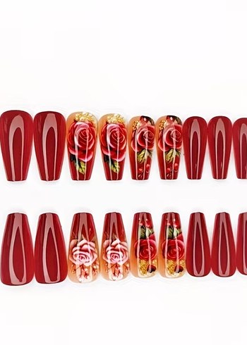 Bordo Gül Desenli 24 Parça Takma Tırnak Seti - Görsel 7