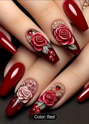 Bordo Gül Desenli 24 Parça Takma Tırnak Seti - Görsel 4