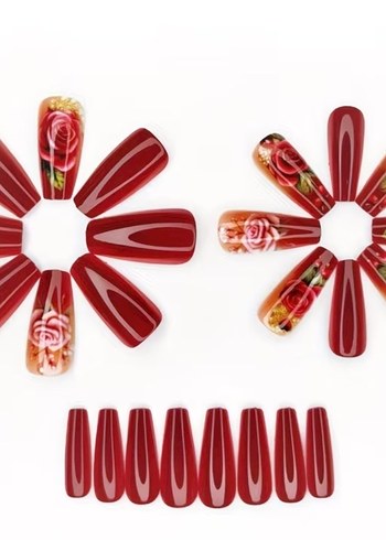 Bordo Gül Desenli 24 Parça Takma Tırnak Seti - Görsel 5