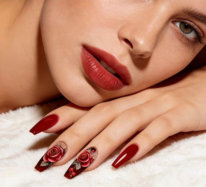 Bordo Gül Desenli 24 Parça Takma Tırnak Seti - Görsel 3