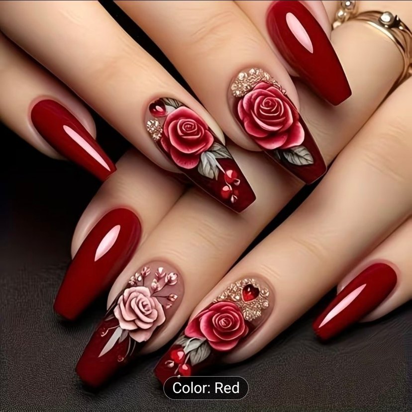 Bordo Gül Desenli 24 Parça Takma Tırnak Seti - Görsel 4