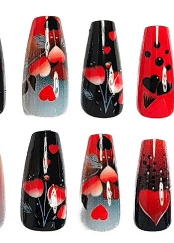 Koyu Kırmızı Kalp ve Gül 24 Parça Tırnak Seti - Görsel 2
