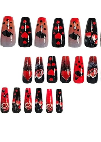 Koyu Kırmızı Kalp ve Gül 24 Parça Tırnak Seti - Görsel 3