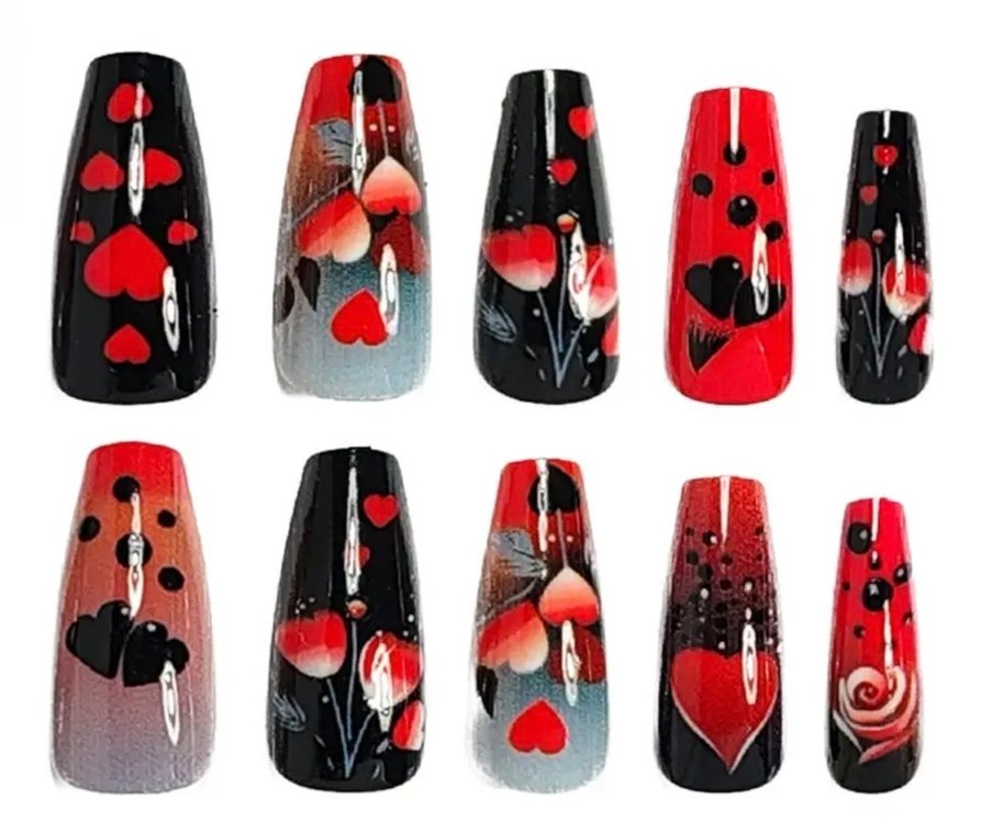 Koyu Kırmızı Kalp ve Gül 24 Parça Tırnak Seti - Görsel 2
