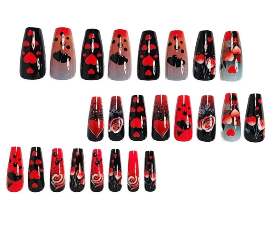 Koyu Kırmızı Kalp ve Gül 24 Parça Tırnak Seti - Görsel 3