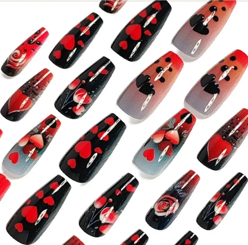 Koyu Kırmızı Kalp ve Gül 24 Parça Tırnak Seti - Görsel 4