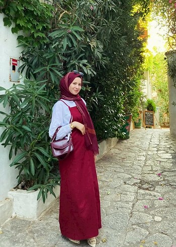 Bordo Etnik Desenli Salaş Uzun Elbise