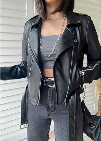 s Beden Siyah Fermuarlı Biker Kadın Deri Ceket