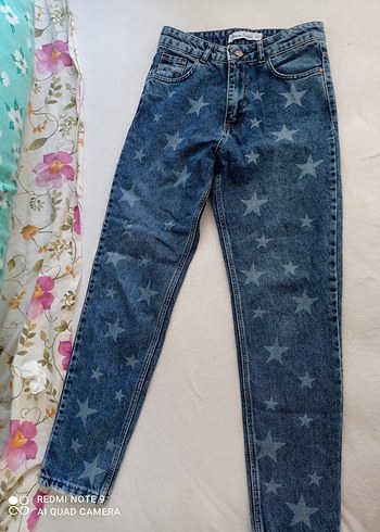 Mavi Yıldız Desenli Kadın Denim Pantolon