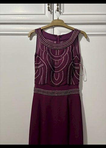 Bordo İşlemeli Boncuklu Uzun Abiye Elbise - Görsel 2