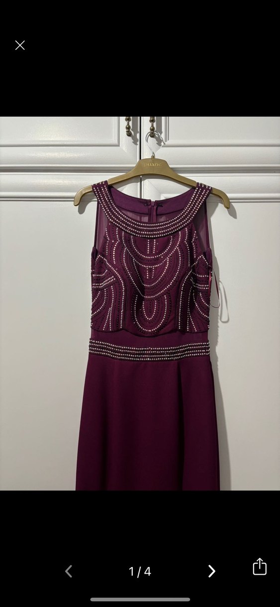 Bordo İşlemeli Boncuklu Uzun Abiye Elbise - Görsel 2