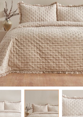 Bej Fırfırlı Yatak Örtüsü ve Yastık Kılıfı - Görsel 4