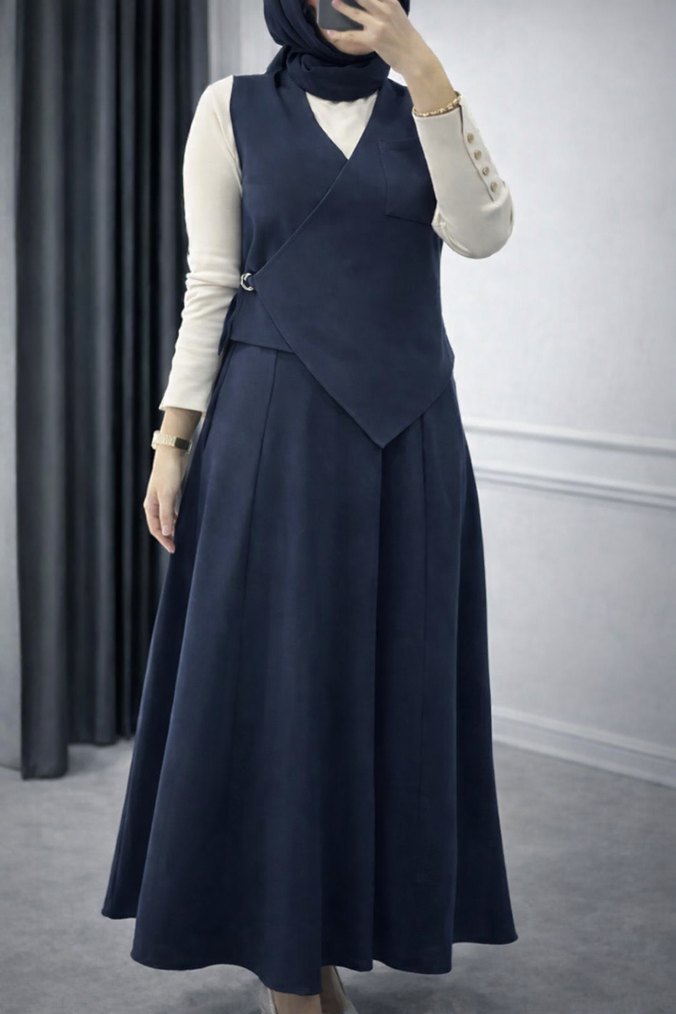 Lacivert Uzun Kollu Drapeli Ofis Elbisesi - Görsel 2