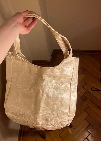 parlak deri kırık beyaz vintage canta - Görsel 3