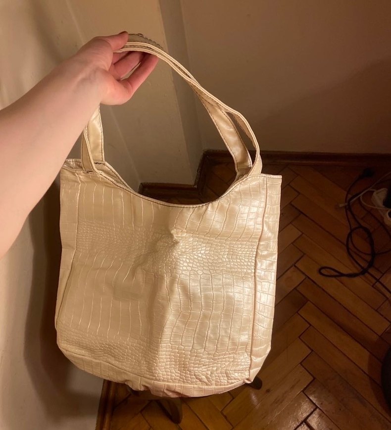 parlak deri kırık beyaz vintage canta - Görsel 3