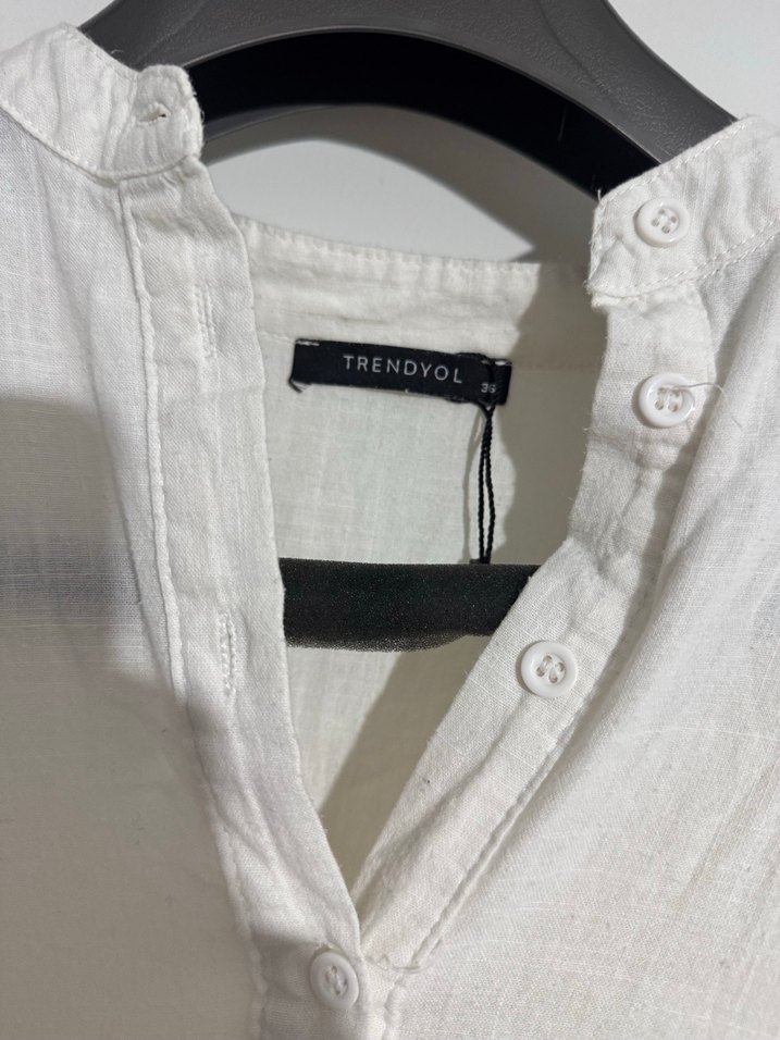 Beyaz Keten Mini Bohem Fırfırlı Gömlek - Görsel 3