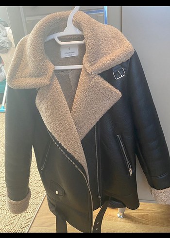 l Beden Stradivarius Kürk Detaylı Siyah Biker Deri Kadın Mont