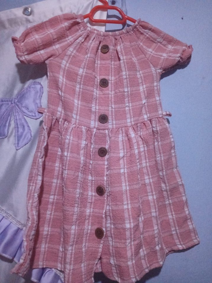 Kız Çocuk Pembe Düğmeli Pamuklu Elbise - Görsel 2