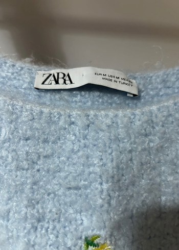 Zara Nakışlı Mavi Triko Kolsuz Mini Süveter