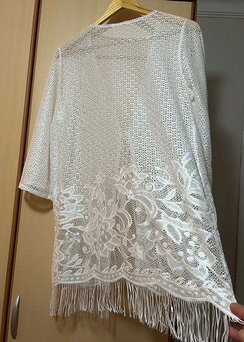 Dantel Detaylı Uzun Beyaz Bohem plaj kimonosu - Görsel 2