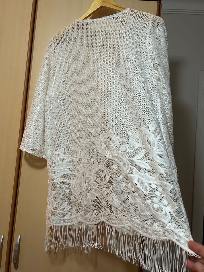 Dantel Detaylı Uzun Beyaz Bohem plaj kimonosu - Görsel 2