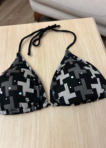 Desenli Siyah Gri Strappy Bikini Üstü - Görsel 2