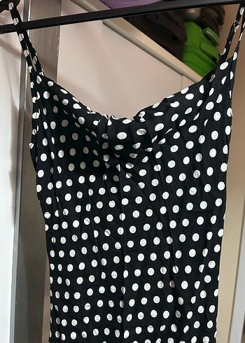 Siyah Puantiyeli Uzun Drapeli Elbise - Görsel 2