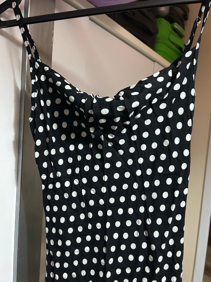 Siyah Puantiyeli Uzun Drapeli Elbise - Görsel 2