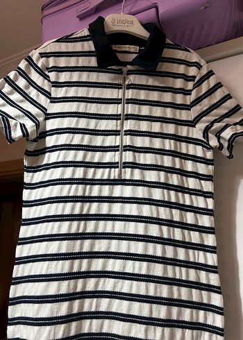 Lacivert Beyaz Çizgili Kısa Kollu Midi Elbise - Görsel 2