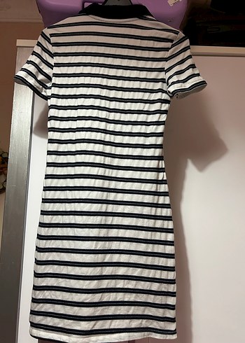 Lacivert Beyaz Çizgili Kısa Kollu Midi Elbise - Görsel 3