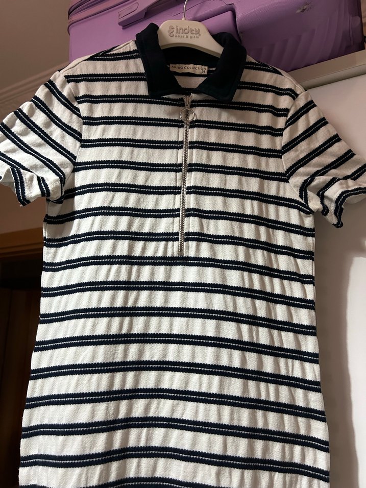 Lacivert Beyaz Çizgili Kısa Kollu Midi Elbise - Görsel 2