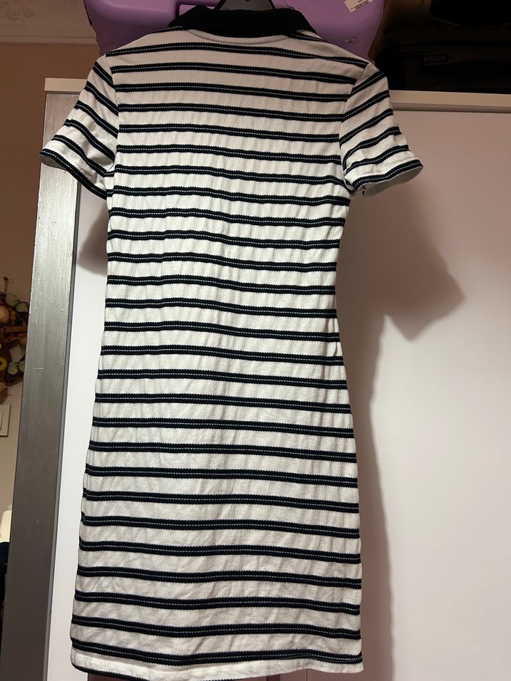 Lacivert Beyaz Çizgili Kısa Kollu Midi Elbise - Görsel 3