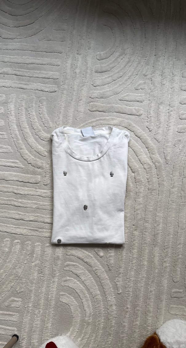 Nakışlı Beyaz Keten Hamile Tişörtü - Görsel 3