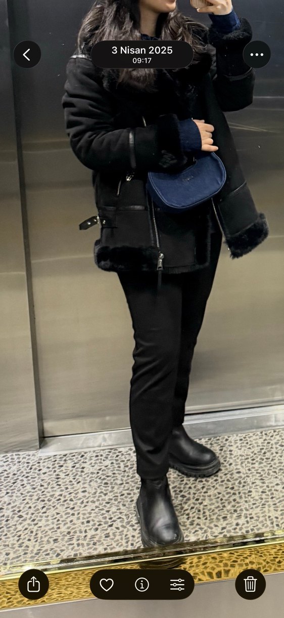 Siyah Deri Kürklü Biker Kadın Kışlık Ceket - Görsel 5