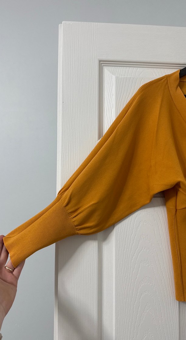 Sarı Kadın Süet V Yaka Salaş Bluz - Görsel 3