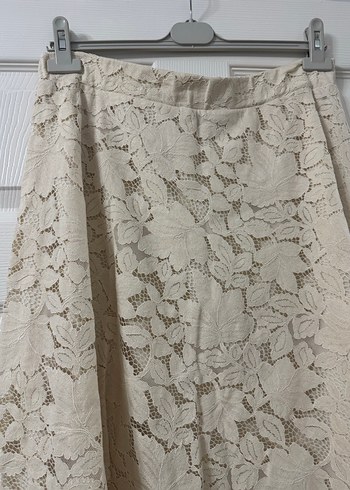 Dantel Detaylı Bej Midi Keten Etek - Görsel 2