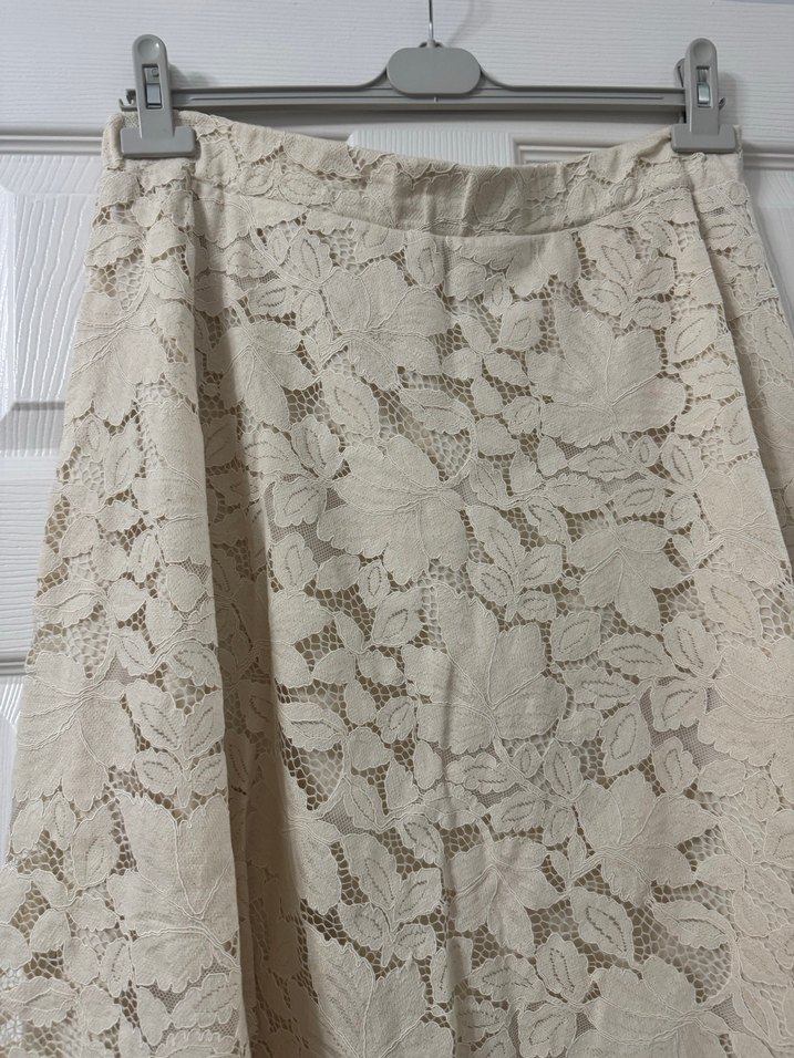 Dantel Detaylı Bej Midi Keten Etek - Görsel 2