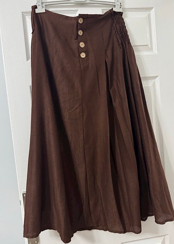 Düğmeli Kahverengi Uzun Keten Etek - Görsel 3